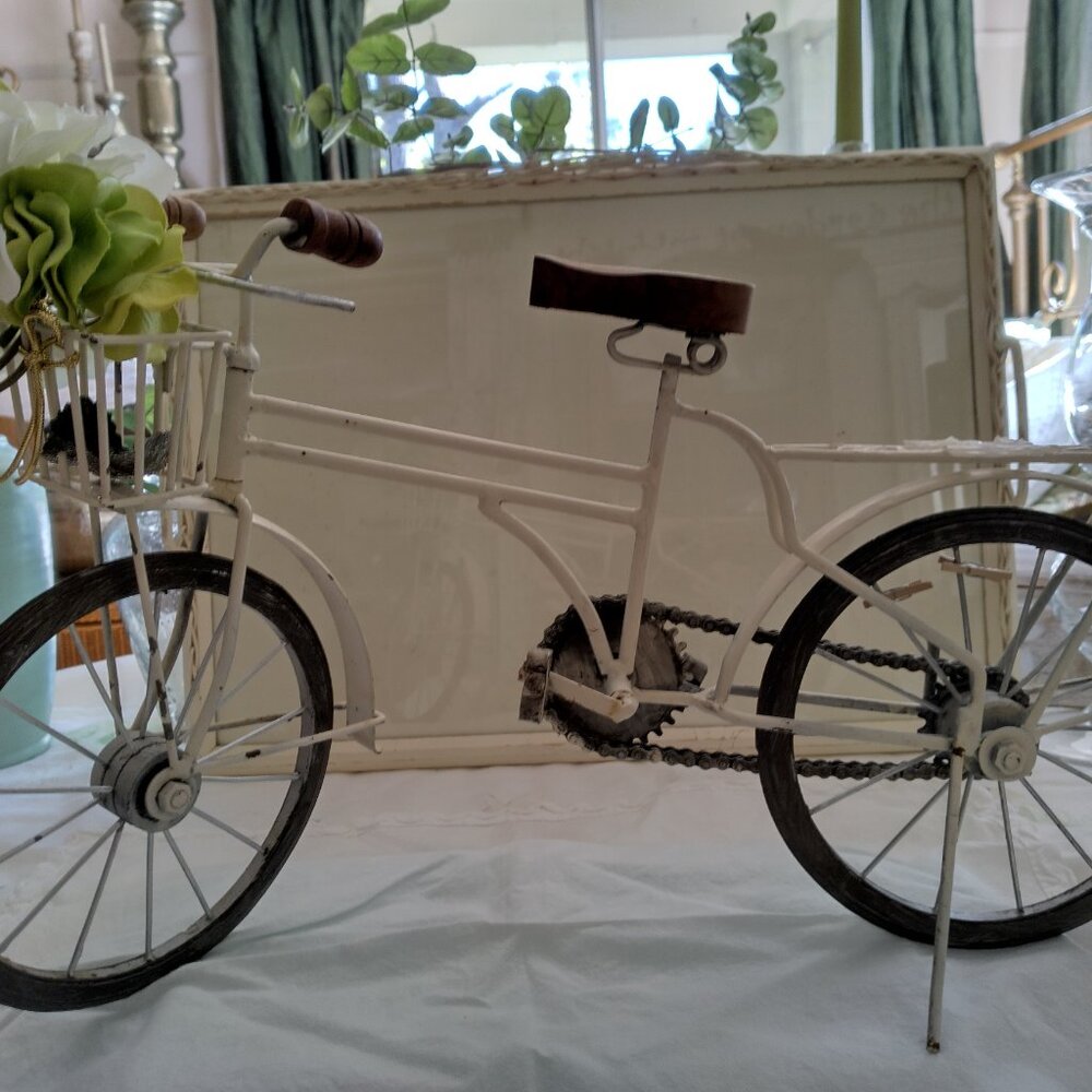Decor bicycle, white, vintage, wood handles & seat,moving wheels, pedals, basket